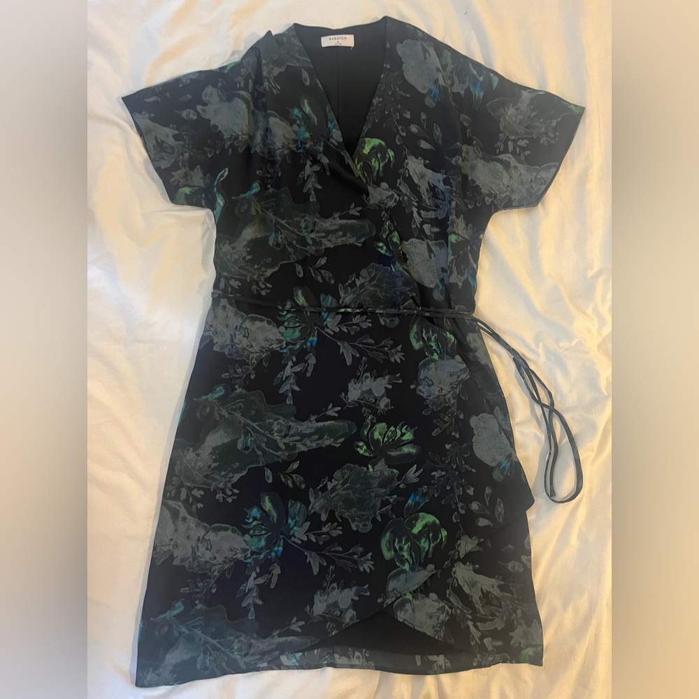 Aritzia Babaton "Wallace" Wrap Dress in Black, Green, Blue Floral, size Medium